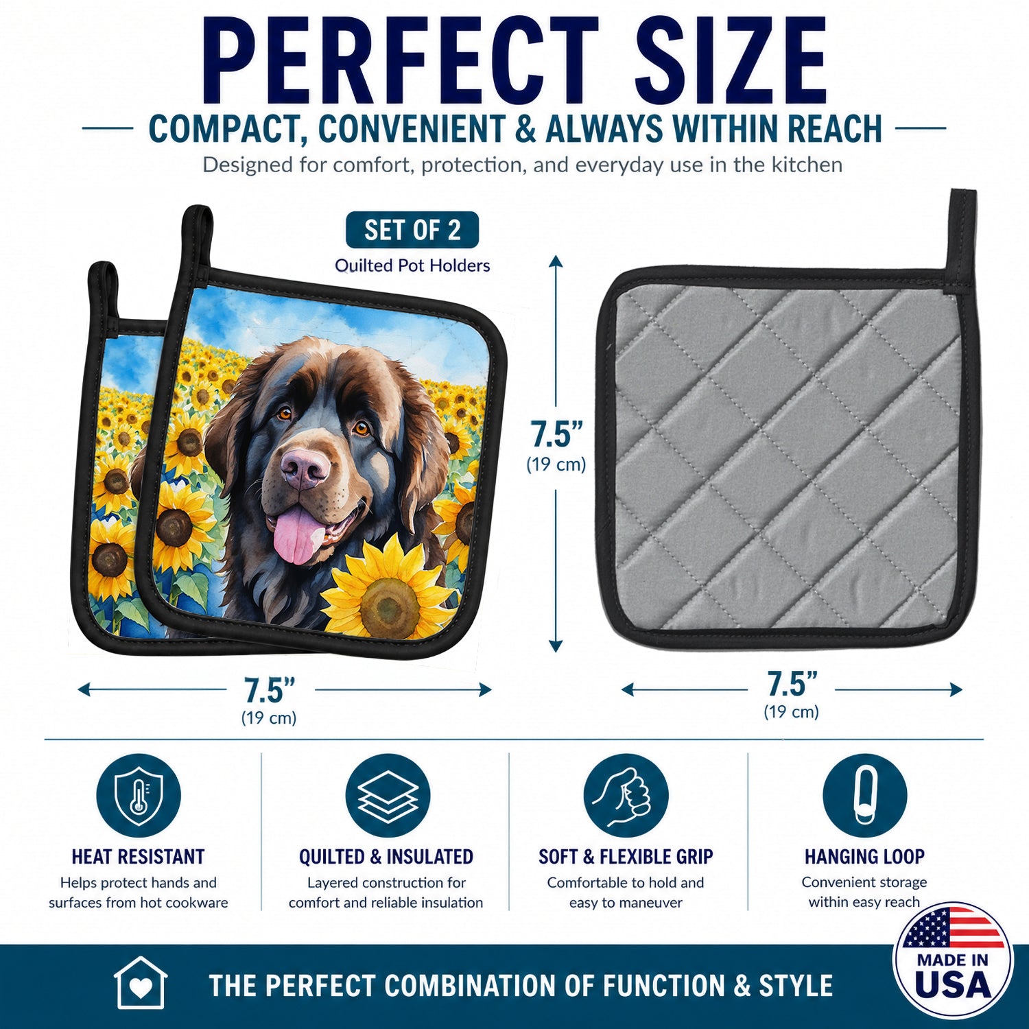 Newfoundland in Sunflowers Pot Holder Set of 2 Heat Resistant Quilted Hot Pads 7.5 x 7.5 Inch, Insulated Kitchen Trivets for Cooking & Baking