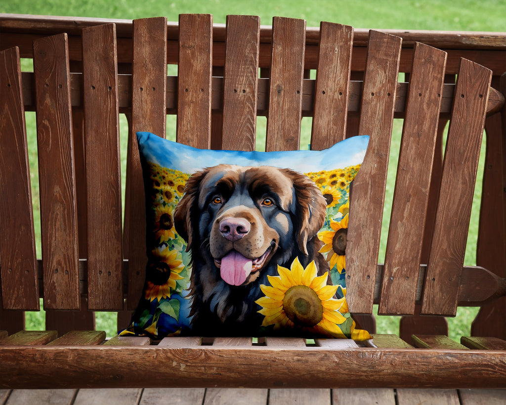 Newfoundland in Sunflowers Decorative Throw Pillow 14x14 Indoor Outdoor Accent Cushion, Fabric Cover with Insert for Sofa, Bed, Porch & Living Room