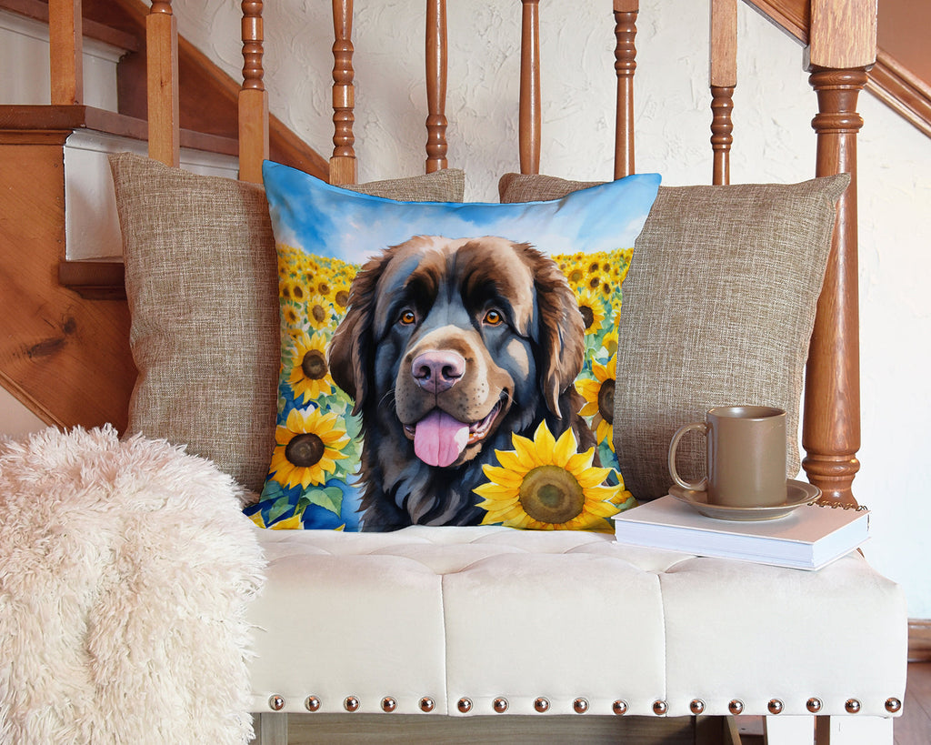 Newfoundland in Sunflowers Decorative Throw Pillow 14x14 Indoor Outdoor Accent Cushion, Fabric Cover with Insert for Sofa, Bed, Porch & Living Room