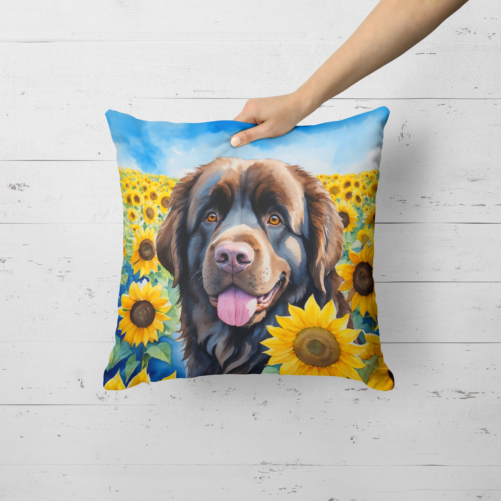 Newfoundland in Sunflowers Decorative Throw Pillow 18x18 Indoor Outdoor Accent Cushion, Fabric Cover with Insert for Sofa, Bed, Porch & Living Room