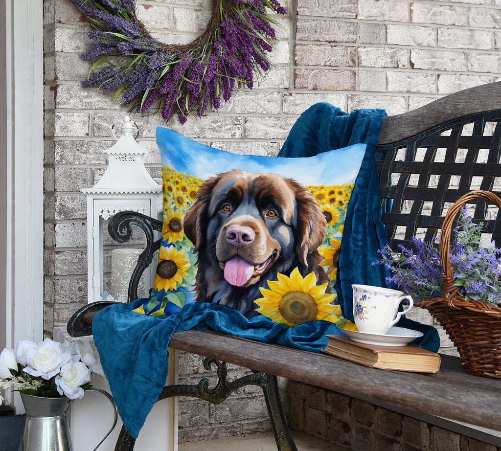 Newfoundland in Sunflowers Decorative Throw Pillow 18x18 Indoor Outdoor Accent Cushion, Fabric Cover with Insert for Sofa, Bed, Porch & Living Room