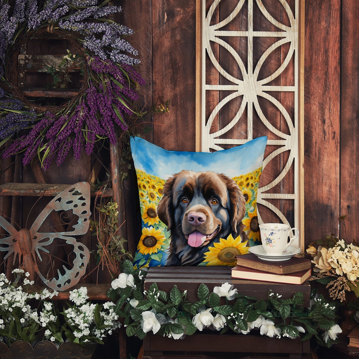 Newfoundland in Sunflowers Decorative Throw Pillow 18x18 Indoor Outdoor Accent Cushion, Fabric Cover with Insert for Sofa, Bed, Porch & Living Room