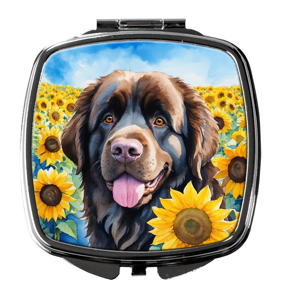 Newfoundland in Sunflowers Compact Mirror Decorative Travel Makeup Mirror for Women Girls Gifts Pocket Makeup Mirror Folding Handheld