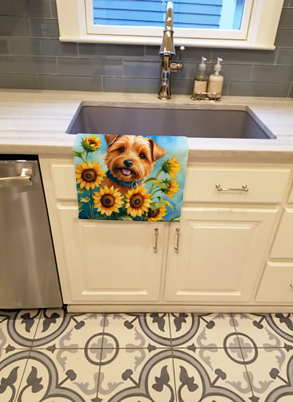 Norfolk Terrier in Sunflowers Kitchen Towel Velour Plush Front and Cotton Loop Back Machine Washable