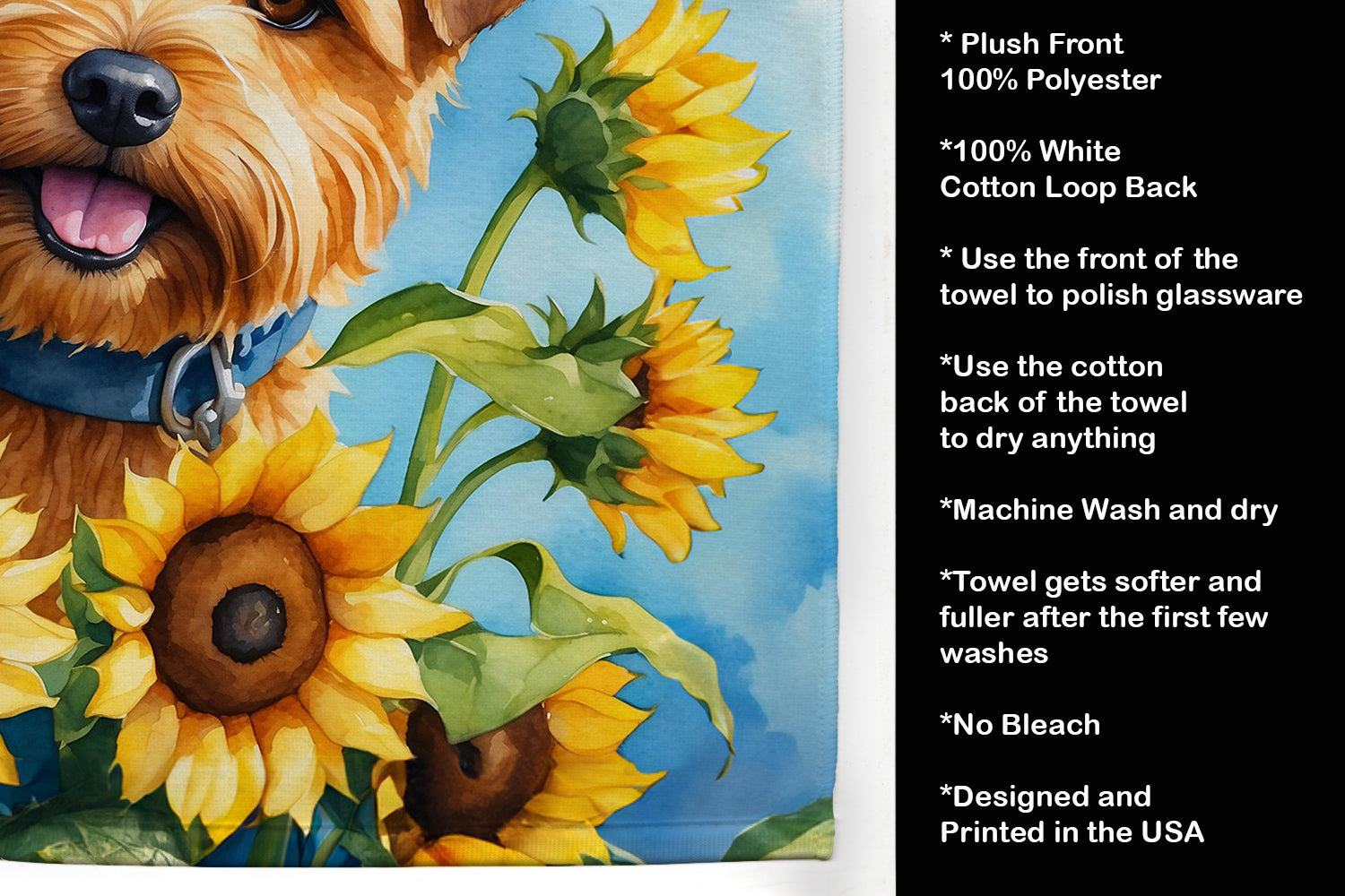Norfolk Terrier in Sunflowers Kitchen Towel Velour Plush Front and Cotton Loop Back Machine Washable