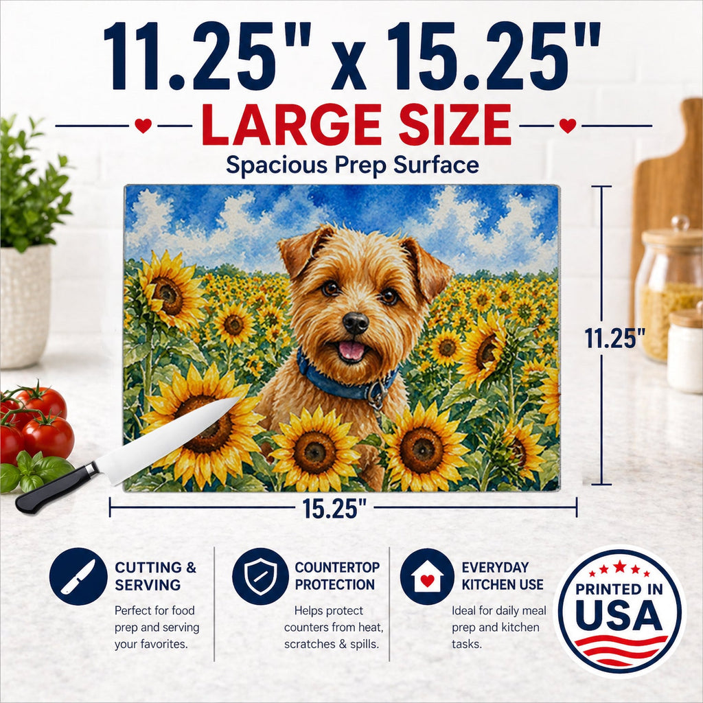 Norfolk Terrier in Sunflowers Cutting Board Tempered Glass Kitchen Cutting Surface, Heat Resistant Chopping Board with Non-Slip Feet, Decorative Food Prep & Serving