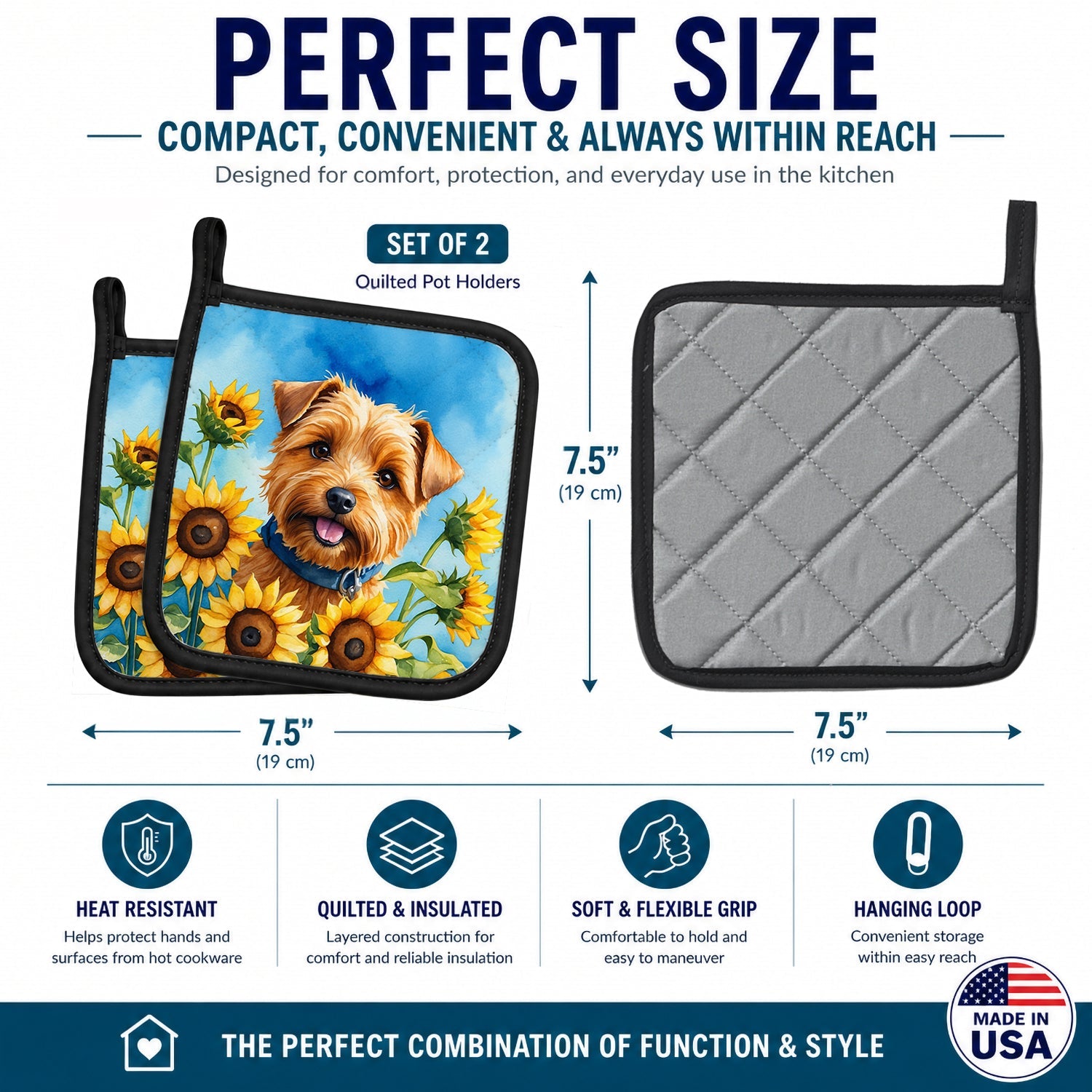 Norfolk Terrier in Sunflowers Pot Holder Set of 2 Heat Resistant Quilted Hot Pads 7.5 x 7.5 Inch, Insulated Kitchen Trivets for Cooking & Baking