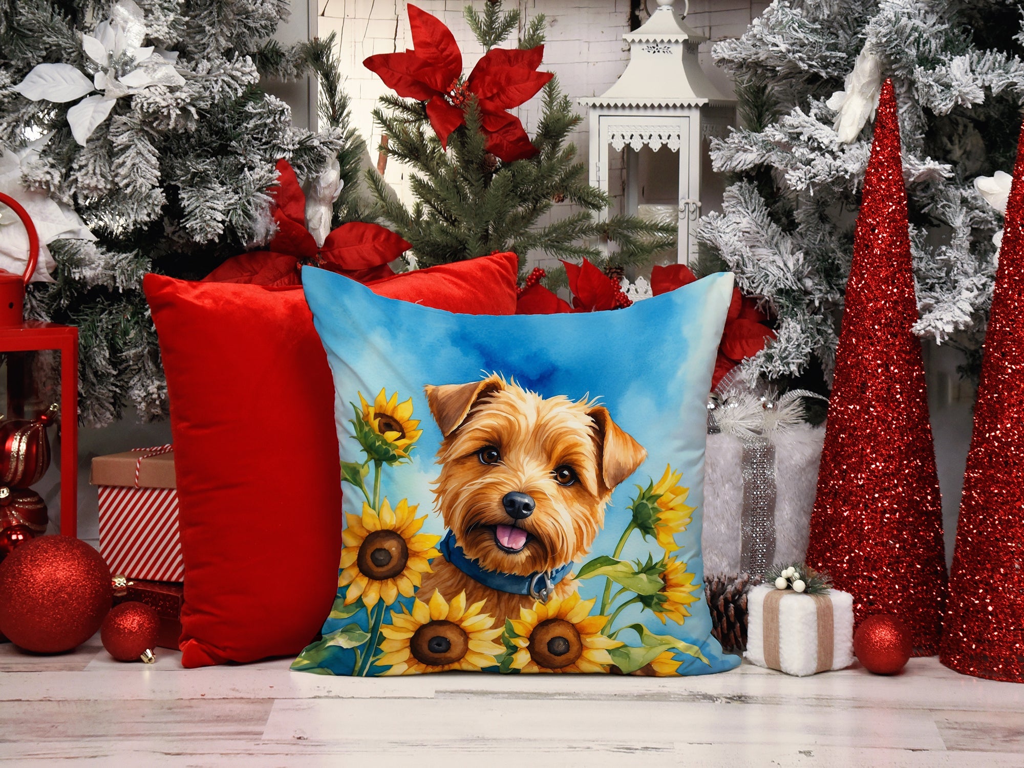 Norfolk Terrier in Sunflowers Decorative Throw Pillow 14x14 Indoor Outdoor Accent Cushion, Fabric Cover with Insert for Sofa, Bed, Porch & Living Room