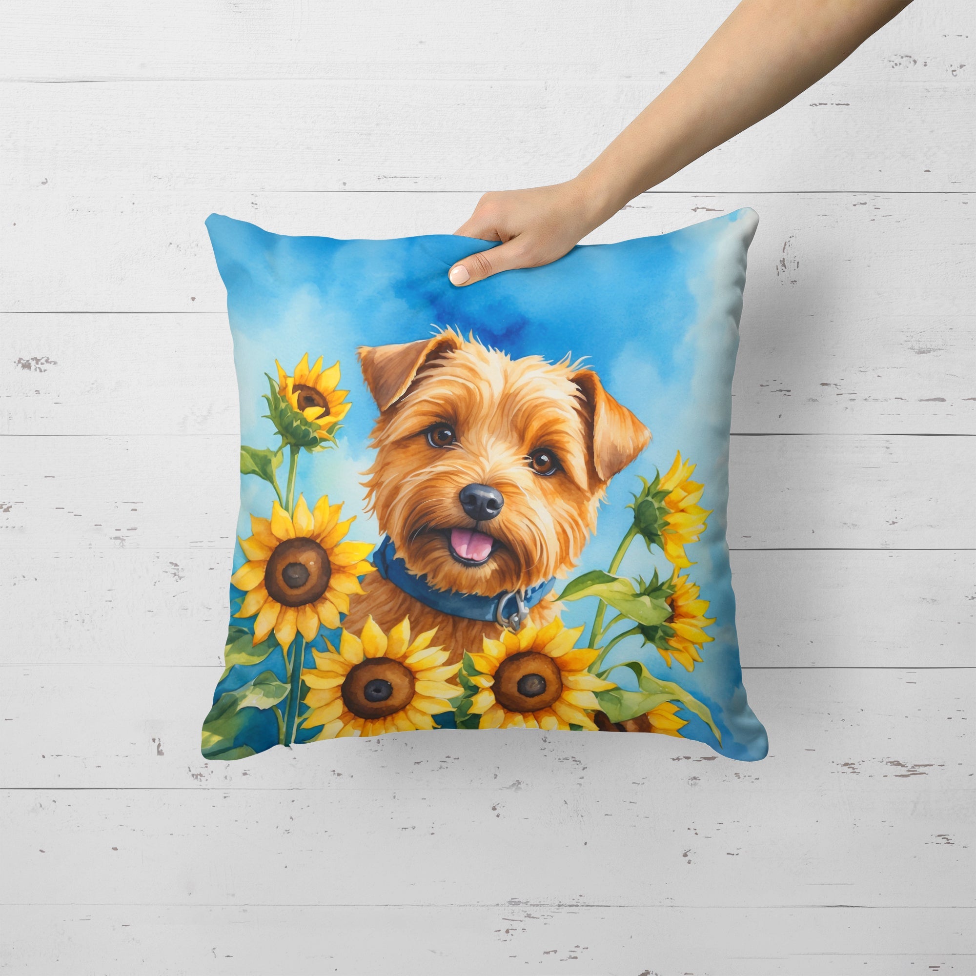 Norfolk Terrier in Sunflowers Decorative Throw Pillow 18x18 Indoor Outdoor Accent Cushion, Fabric Cover with Insert for Sofa, Bed, Porch & Living Room