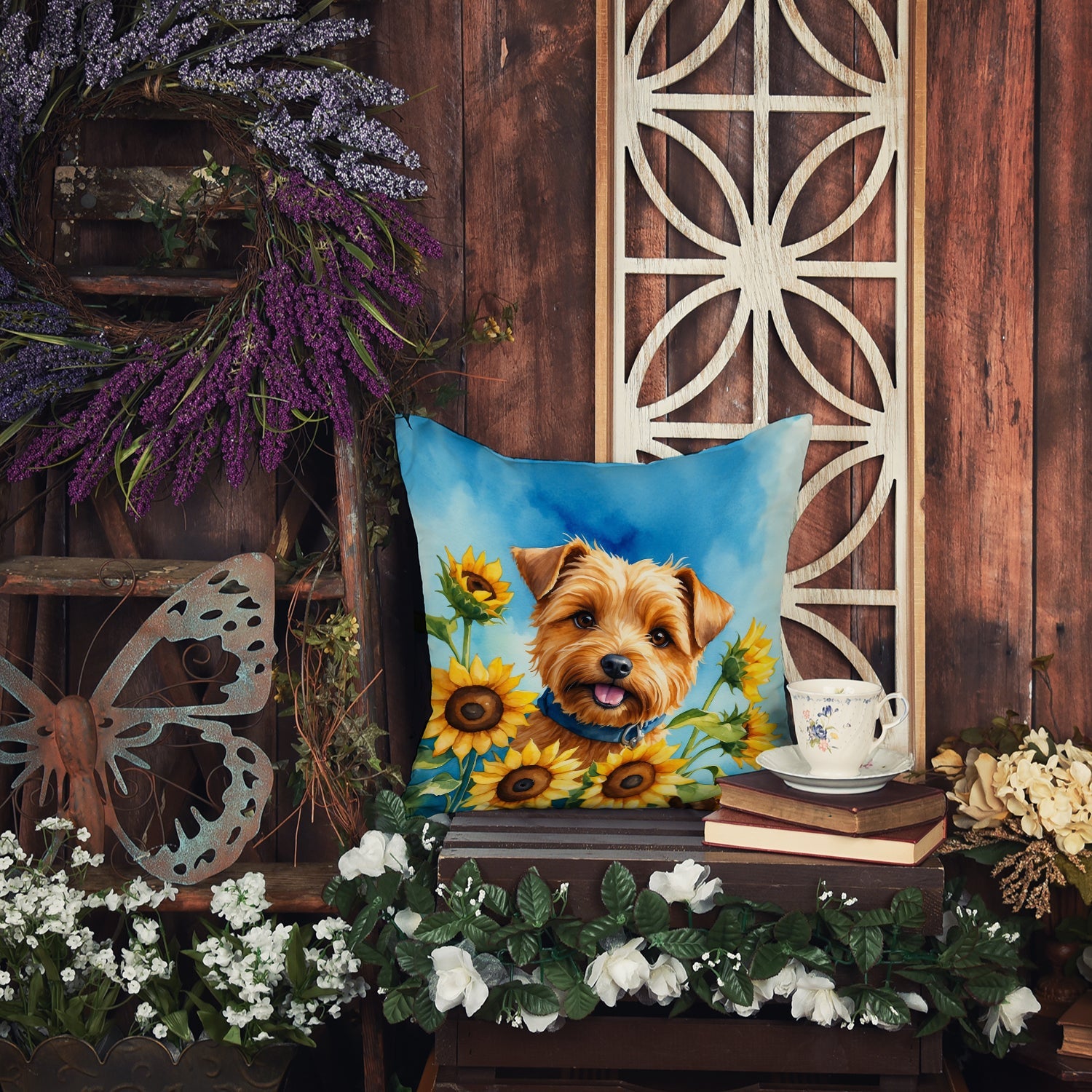 Norfolk Terrier in Sunflowers Decorative Throw Pillow 18x18 Indoor Outdoor Accent Cushion, Fabric Cover with Insert for Sofa, Bed, Porch & Living Room