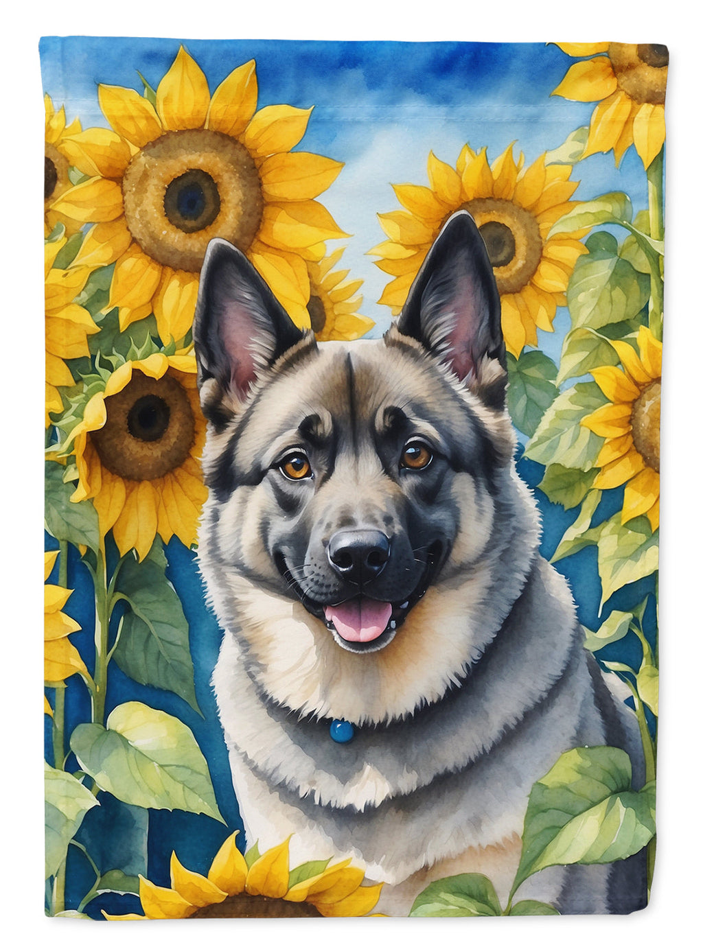 Norwegian Elkhound in Sunflowers House Flag 28x40 Porch Sleeve Pole Decorative Outside Yard Banner Artwork Wall Hanging, Polyester