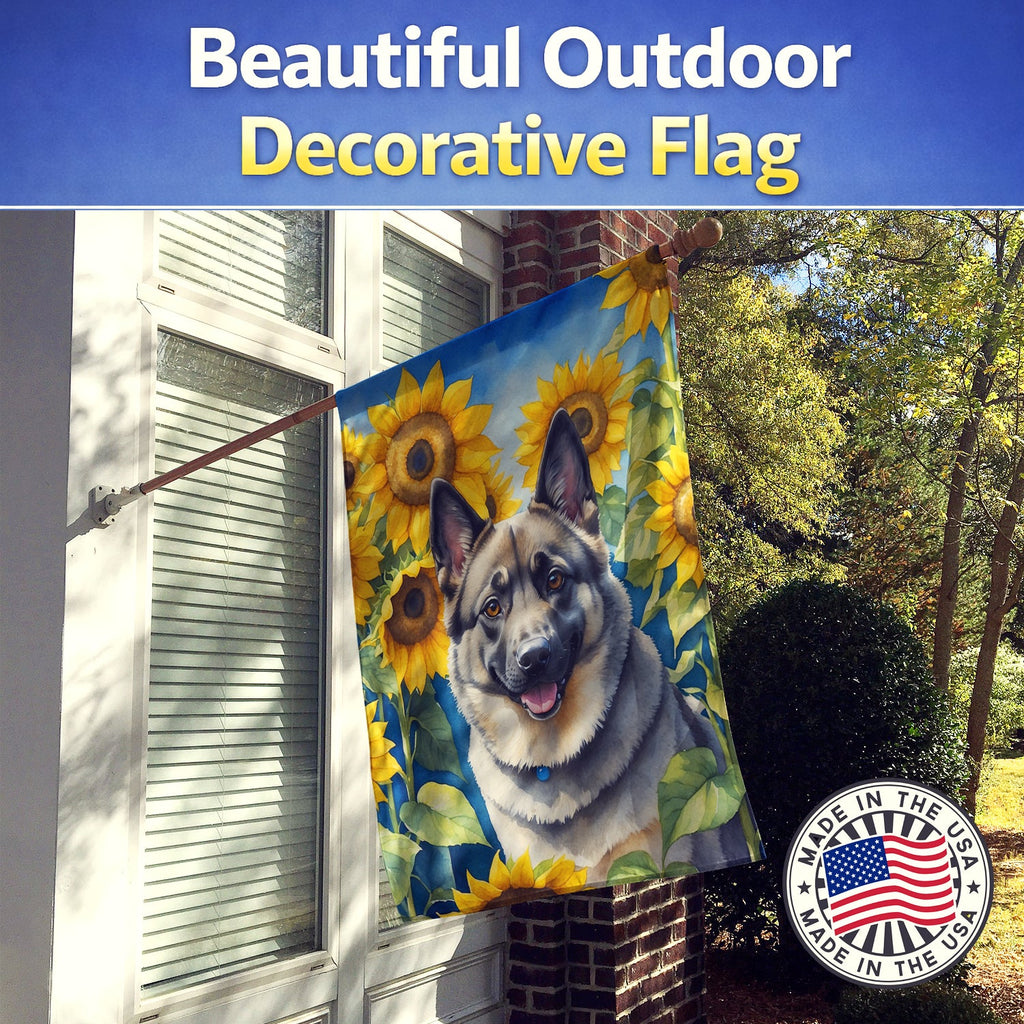 Norwegian Elkhound in Sunflowers House Flag 28x40 Porch Sleeve Pole Decorative Outside Yard Banner Artwork Wall Hanging, Polyester