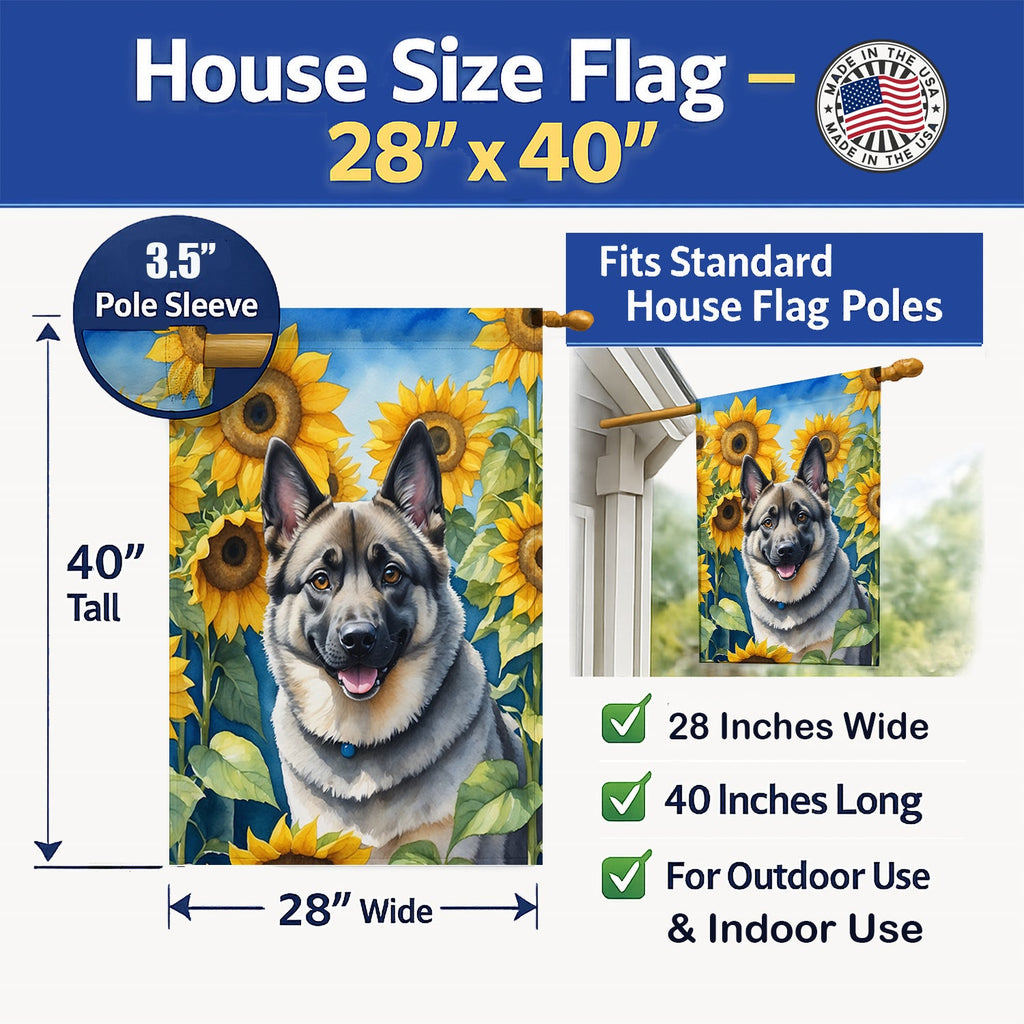 Norwegian Elkhound in Sunflowers House Flag 28x40 Porch Sleeve Pole Decorative Outside Yard Banner Artwork Wall Hanging, Polyester