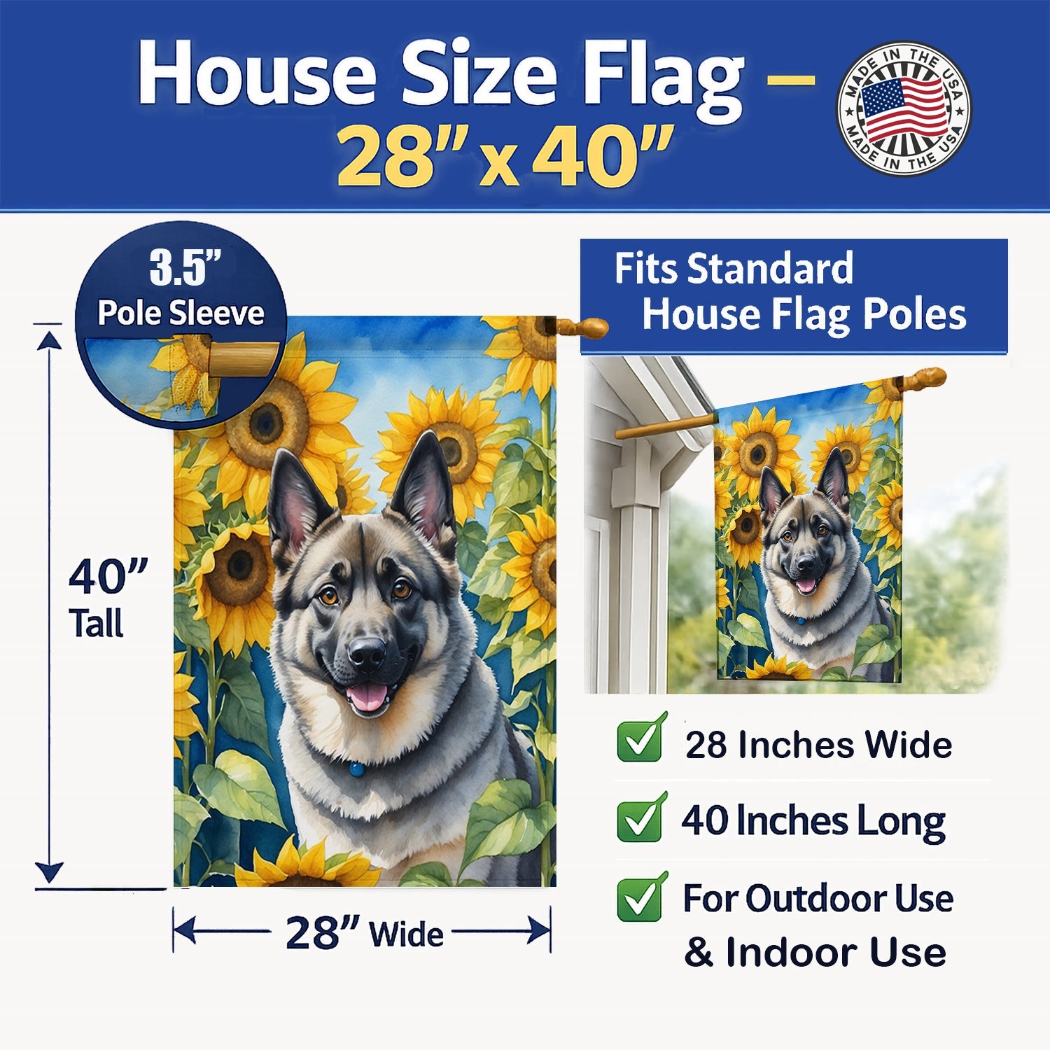 Norwegian Elkhound in Sunflowers House Flag 28x40 Porch Sleeve Pole Decorative Outside Yard Banner Artwork Wall Hanging, Polyester