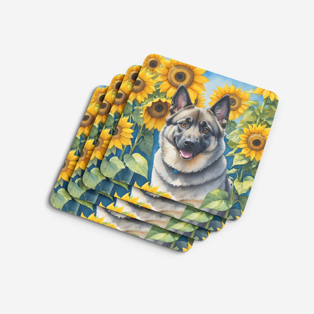 Norwegian Elkhound in Sunflowers Foam Coasters Set of 4 Cup Coasters for Indoor Outdoor, Tabletop Protection, Anti Slip, Mouse pad Material