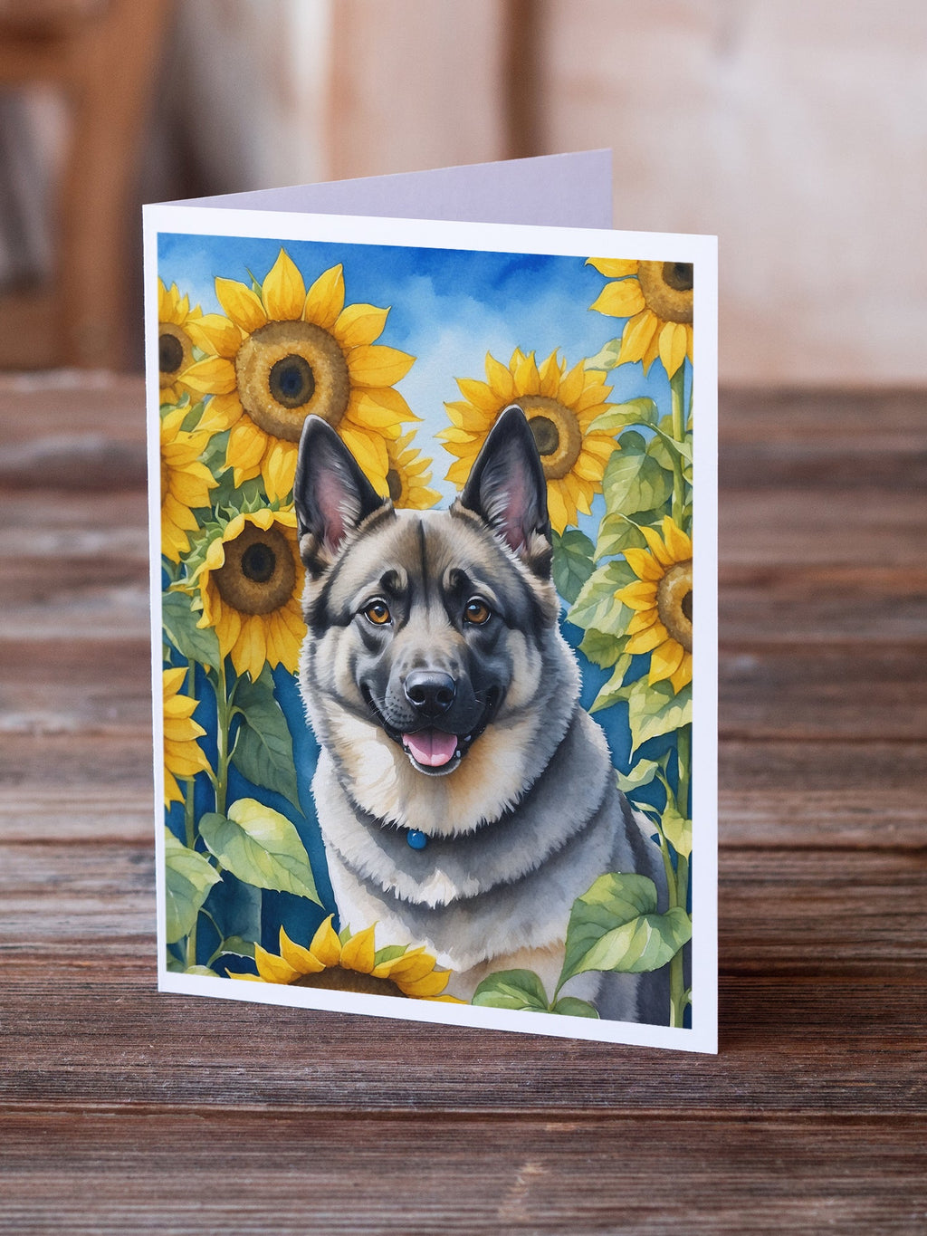 Norwegian Elkhound in Sunflowers Greeting Cards Pack of 8 Blank Cards with Envelopes Whimsical A7 Size 5x7