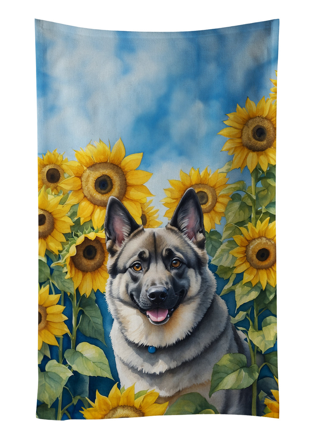 Norwegian Elkhound in Sunflowers Kitchen Towel Velour Plush Front and Cotton Loop Back Machine Washable