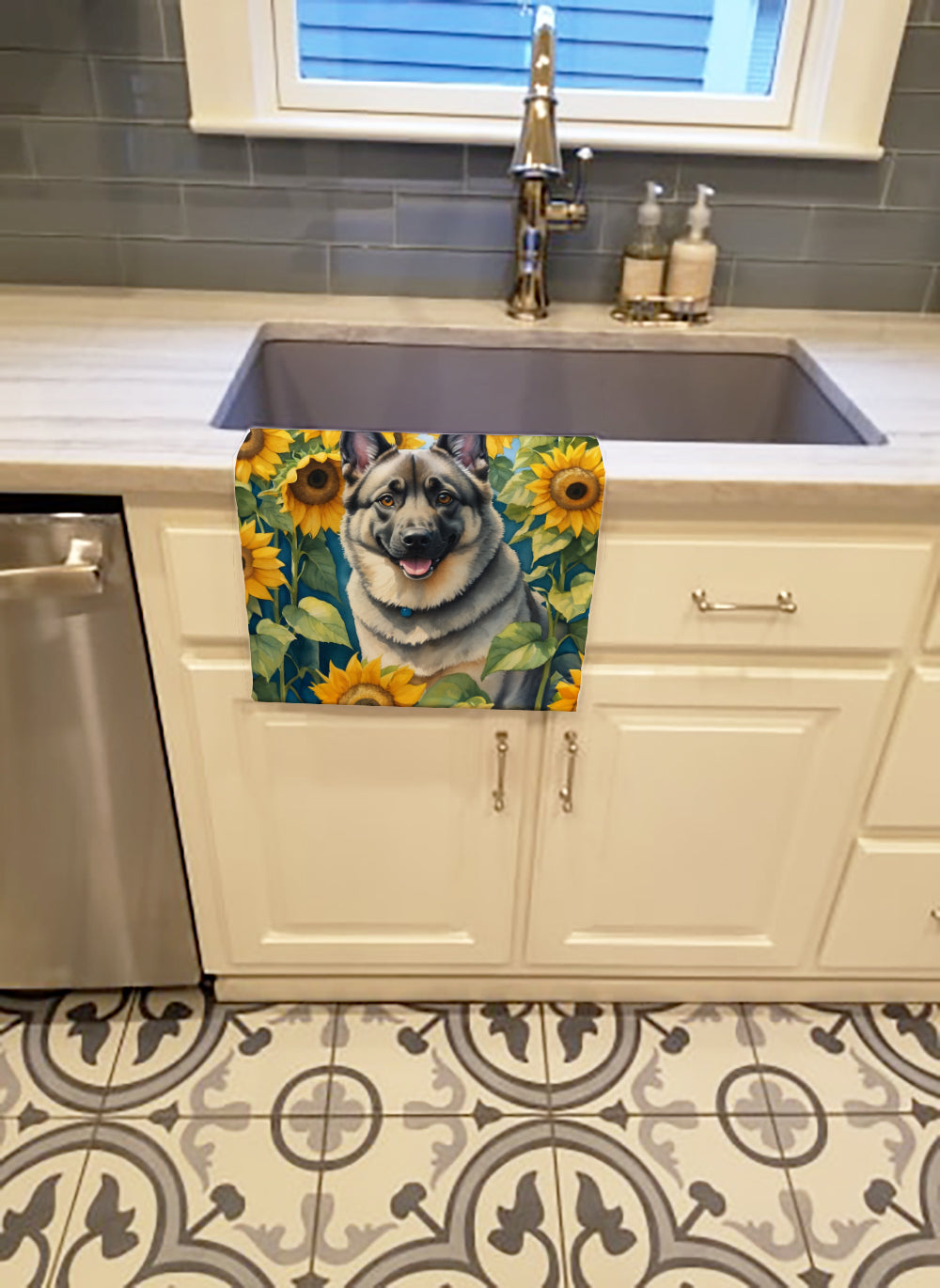 Norwegian Elkhound in Sunflowers Kitchen Towel Velour Plush Front and Cotton Loop Back Machine Washable