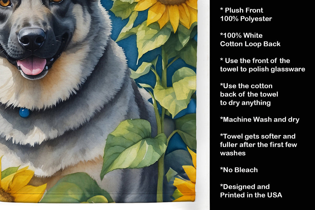 Norwegian Elkhound in Sunflowers Kitchen Towel Velour Plush Front and Cotton Loop Back Machine Washable