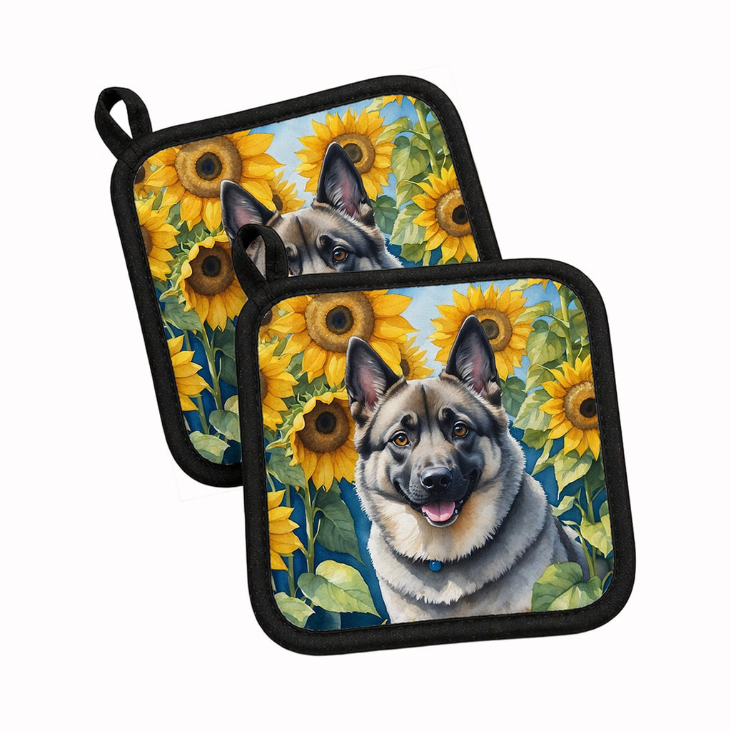 Norwegian Elkhound in Sunflowers Pot Holder Set of 2 Heat Resistant Quilted Hot Pads 7.5 x 7.5 Inch, Insulated Kitchen Trivets for Cooking & Baking