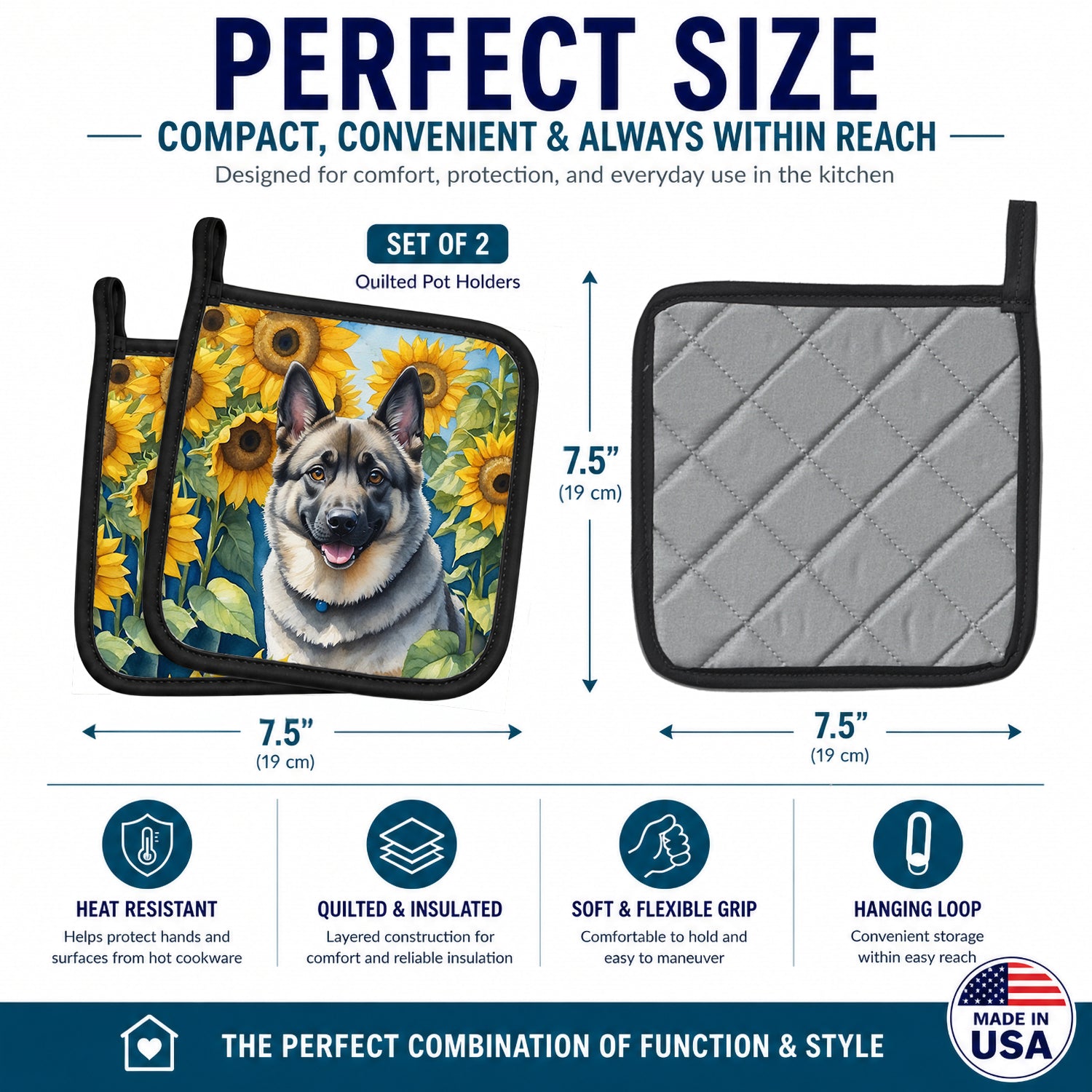 Norwegian Elkhound in Sunflowers Pot Holder Set of 2 Heat Resistant Quilted Hot Pads 7.5 x 7.5 Inch, Insulated Kitchen Trivets for Cooking & Baking