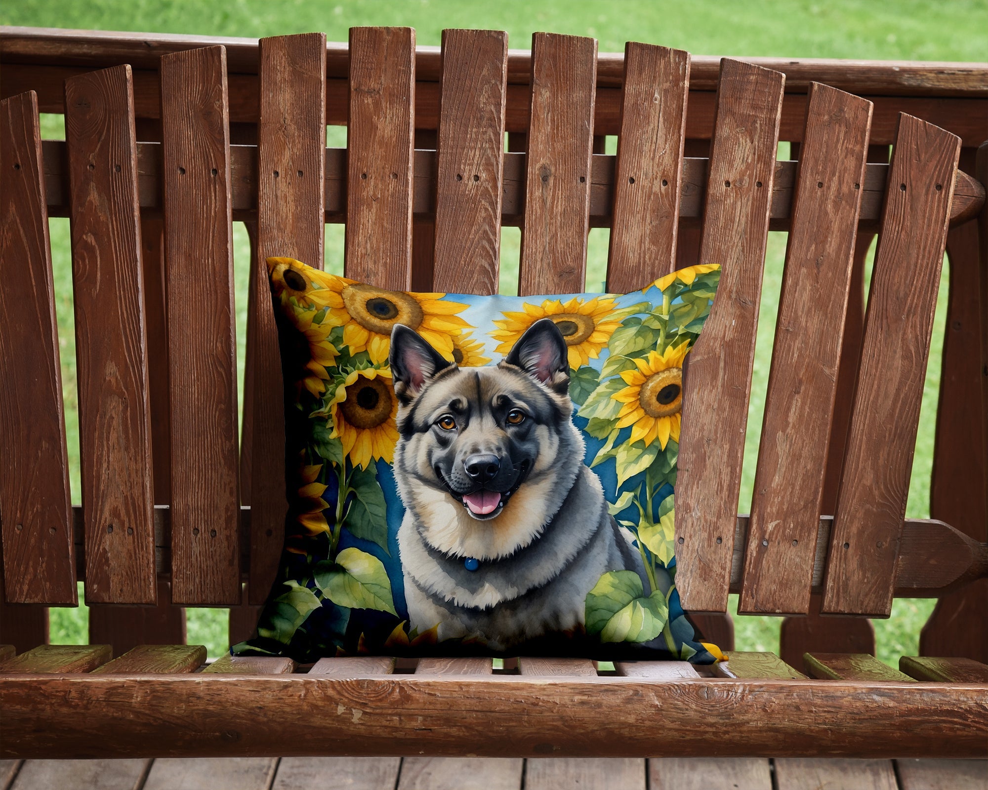 Norwegian Elkhound in Sunflowers Decorative Throw Pillow 14x14 Indoor Outdoor Accent Cushion, Fabric Cover with Insert for Sofa, Bed, Porch & Living Room