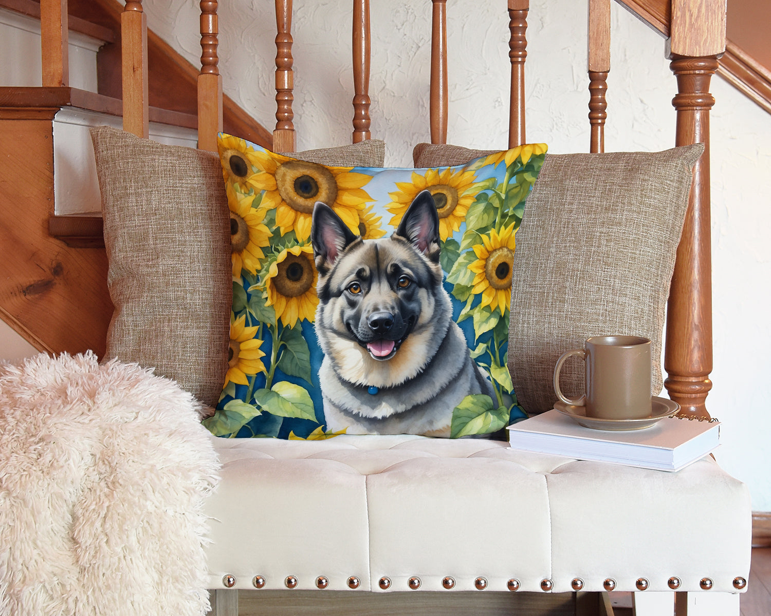 Norwegian Elkhound in Sunflowers Decorative Throw Pillow 14x14 Indoor Outdoor Accent Cushion, Fabric Cover with Insert for Sofa, Bed, Porch & Living Room