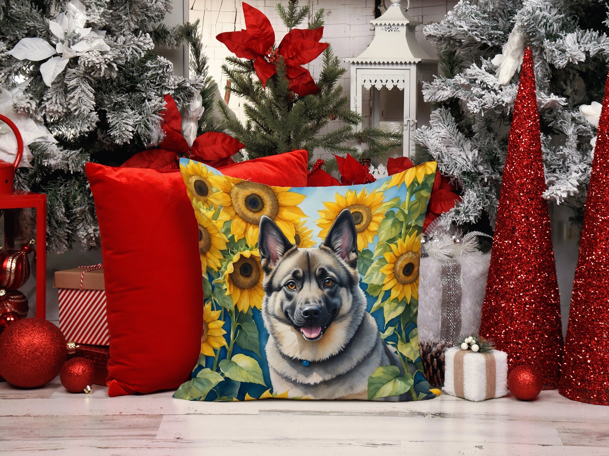 Norwegian Elkhound in Sunflowers Decorative Throw Pillow 14x14 Indoor Outdoor Accent Cushion, Fabric Cover with Insert for Sofa, Bed, Porch & Living Room