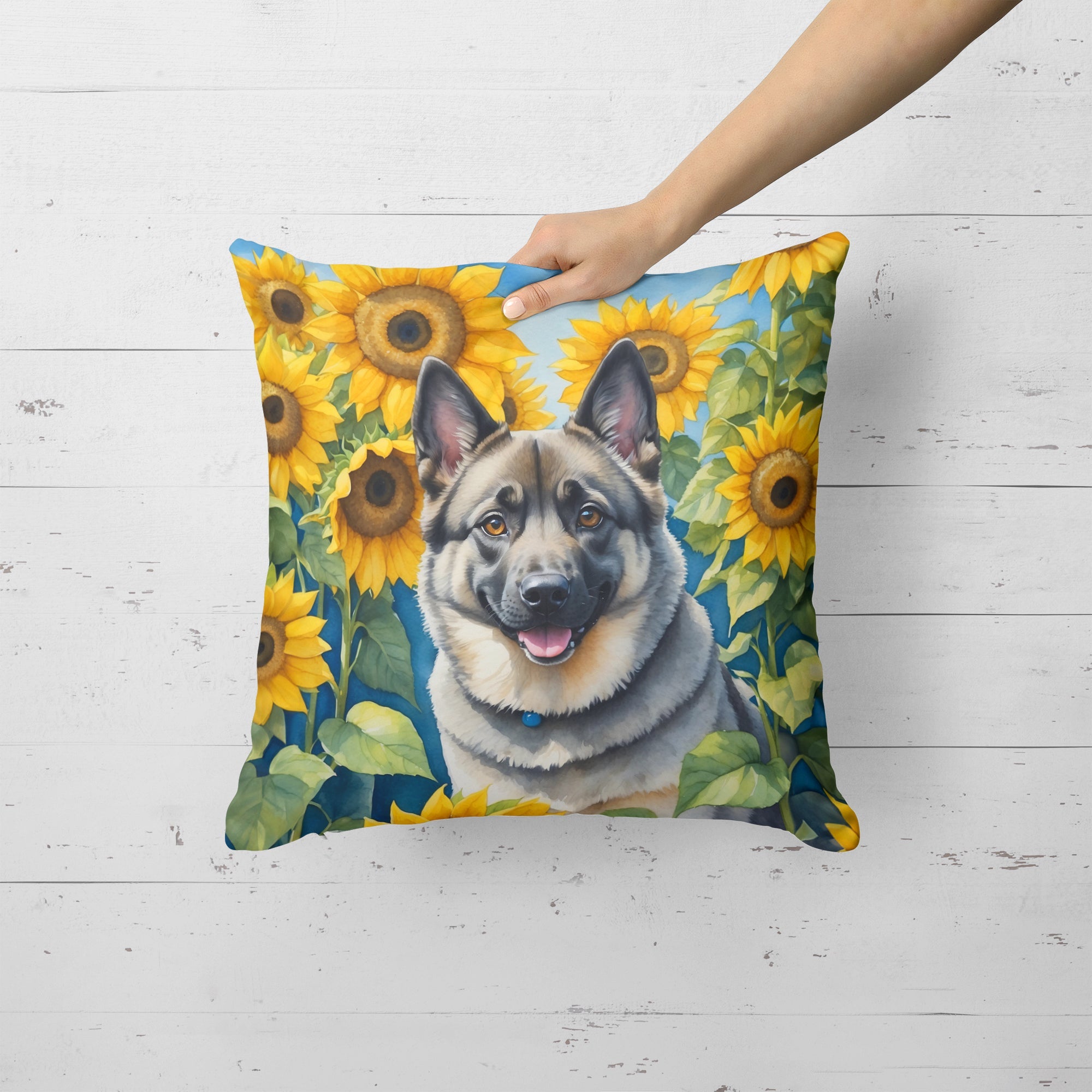 Norwegian Elkhound in Sunflowers Decorative Throw Pillow 18x18 Indoor Outdoor Accent Cushion, Fabric Cover with Insert for Sofa, Bed, Porch & Living Room