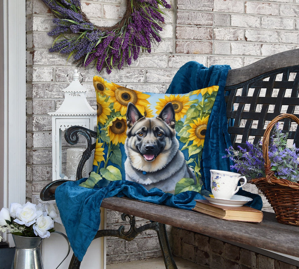 Norwegian Elkhound in Sunflowers Decorative Throw Pillow 18x18 Indoor Outdoor Accent Cushion, Fabric Cover with Insert for Sofa, Bed, Porch & Living Room