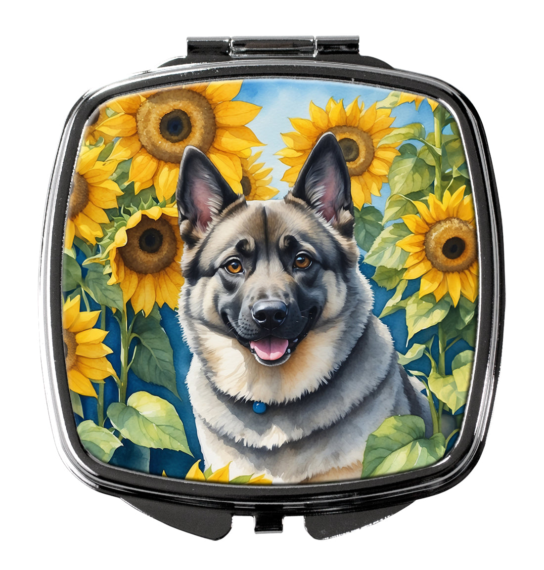 Norwegian Elkhound in Sunflowers Compact Mirror Decorative Travel Makeup Mirror for Women Girls Gifts Pocket Makeup Mirror Folding Handheld