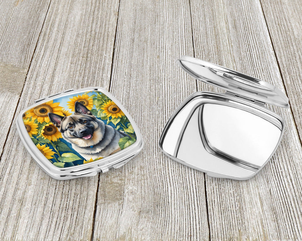 Norwegian Elkhound in Sunflowers Compact Mirror Decorative Travel Makeup Mirror for Women Girls Gifts Pocket Makeup Mirror Folding Handheld