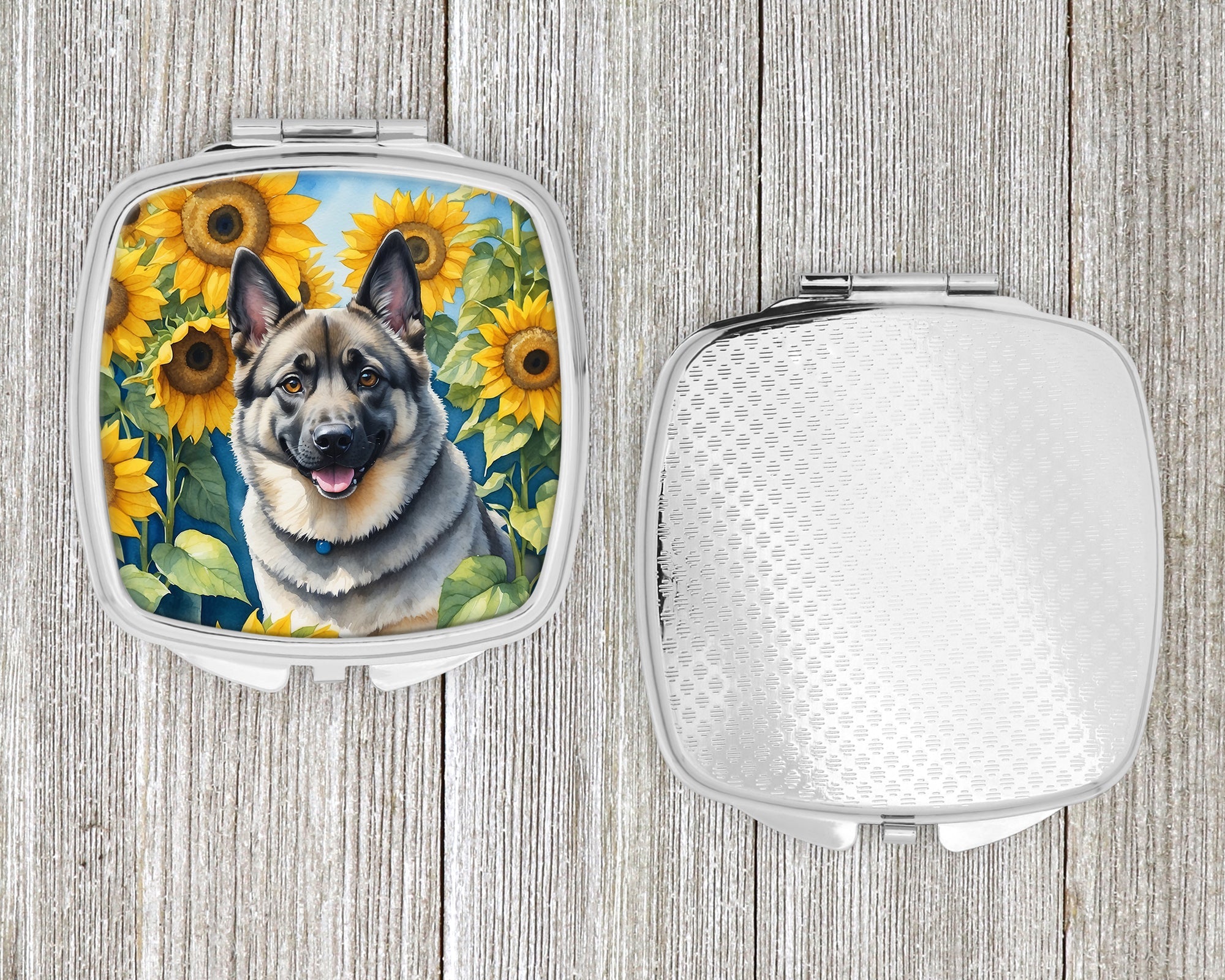 Norwegian Elkhound in Sunflowers Compact Mirror Decorative Travel Makeup Mirror for Women Girls Gifts Pocket Makeup Mirror Folding Handheld