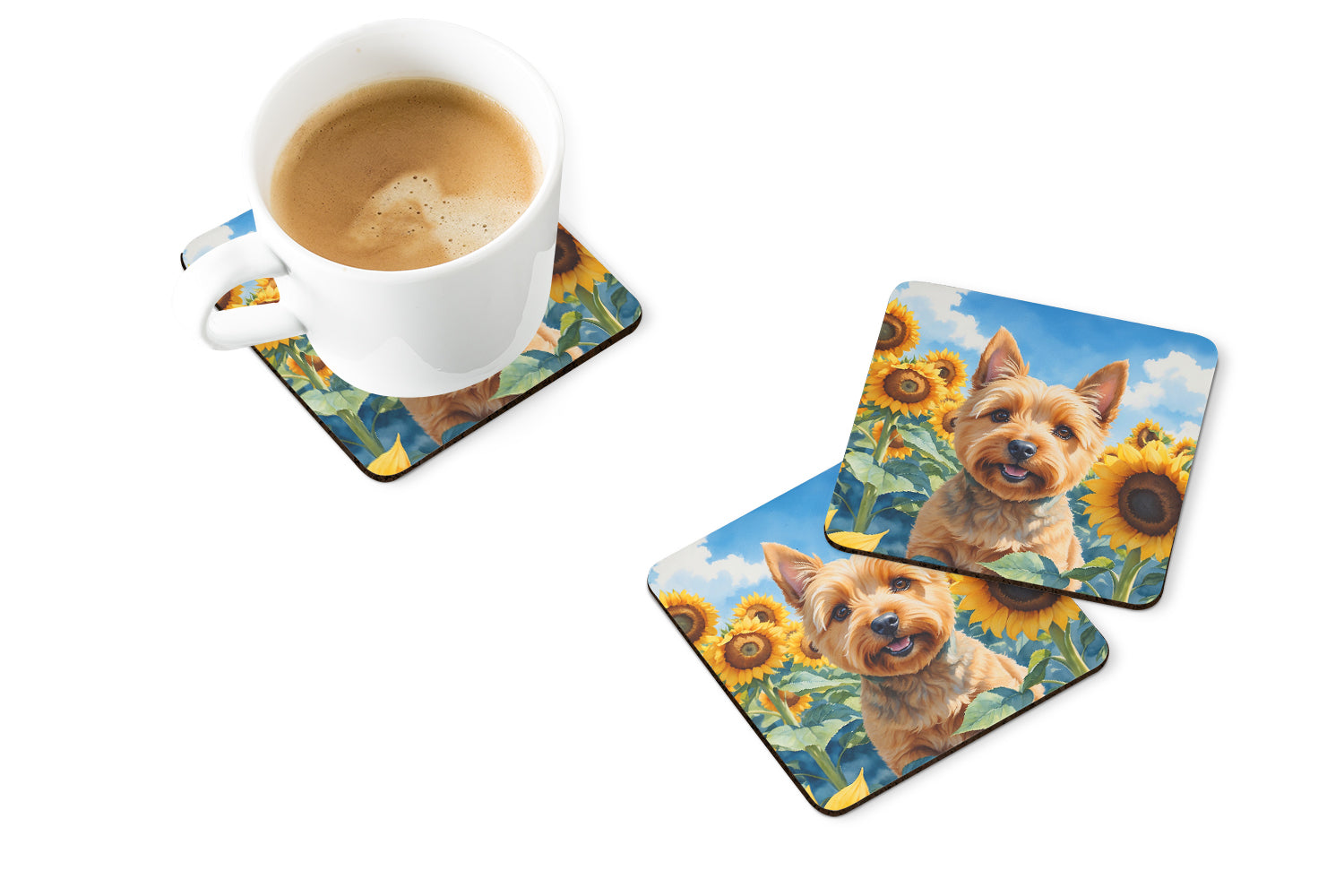 Norwich Terrier in Sunflowers Foam Coasters Set of 4 Cup Coasters for Indoor Outdoor, Tabletop Protection, Anti Slip, Mouse pad Material