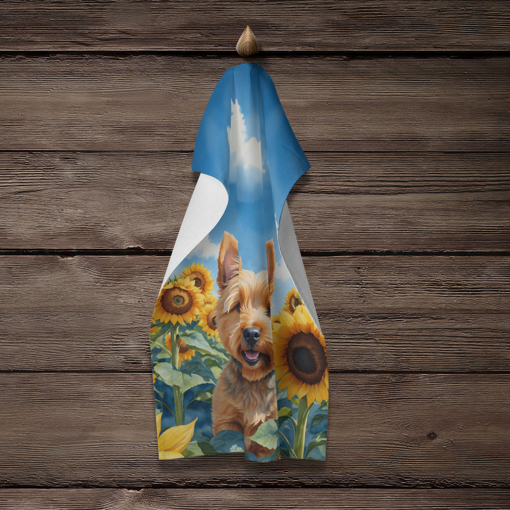 Norwich Terrier in Sunflowers Kitchen Towel Velour Plush Front and Cotton Loop Back Machine Washable