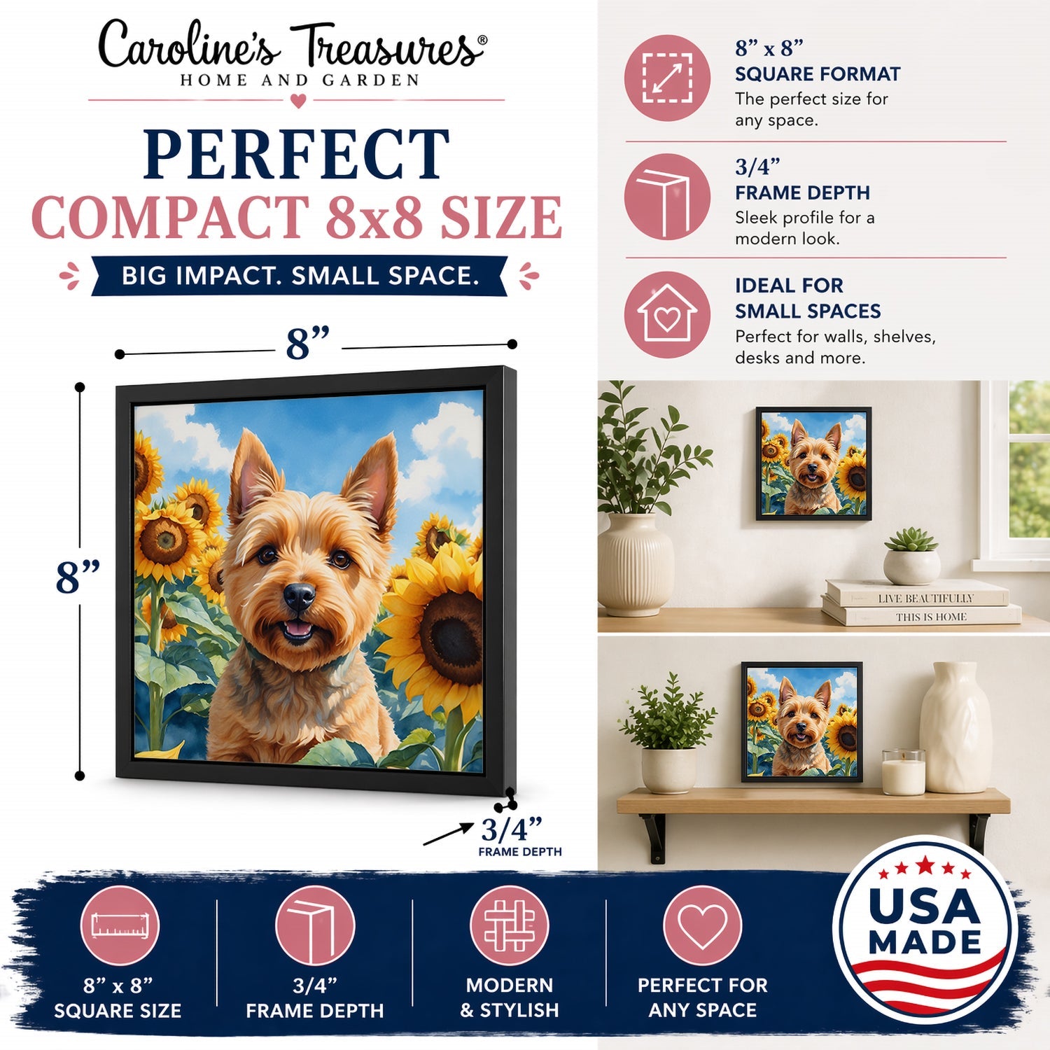 Norwich Terrier in Sunflowers Framed Metal Print Bathroom, Kitchen, Office, Home Decor Wall Art Ready to Hang, Square, 8X8
