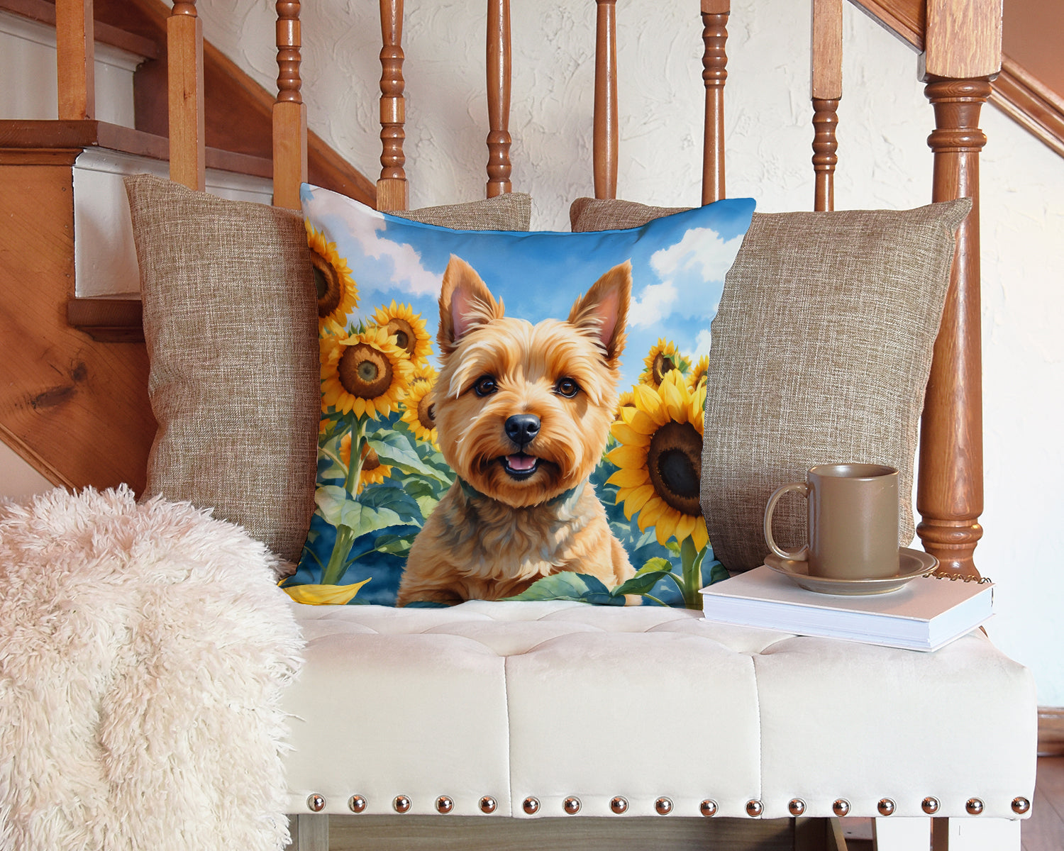 Norwich Terrier in Sunflowers Decorative Throw Pillow 14x14 Indoor Outdoor Accent Cushion, Fabric Cover with Insert for Sofa, Bed, Porch & Living Room