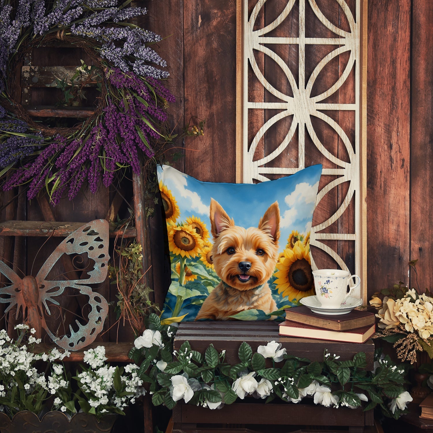 Norwich Terrier in Sunflowers Decorative Throw Pillow 14x14 Indoor Outdoor Accent Cushion, Fabric Cover with Insert for Sofa, Bed, Porch & Living Room