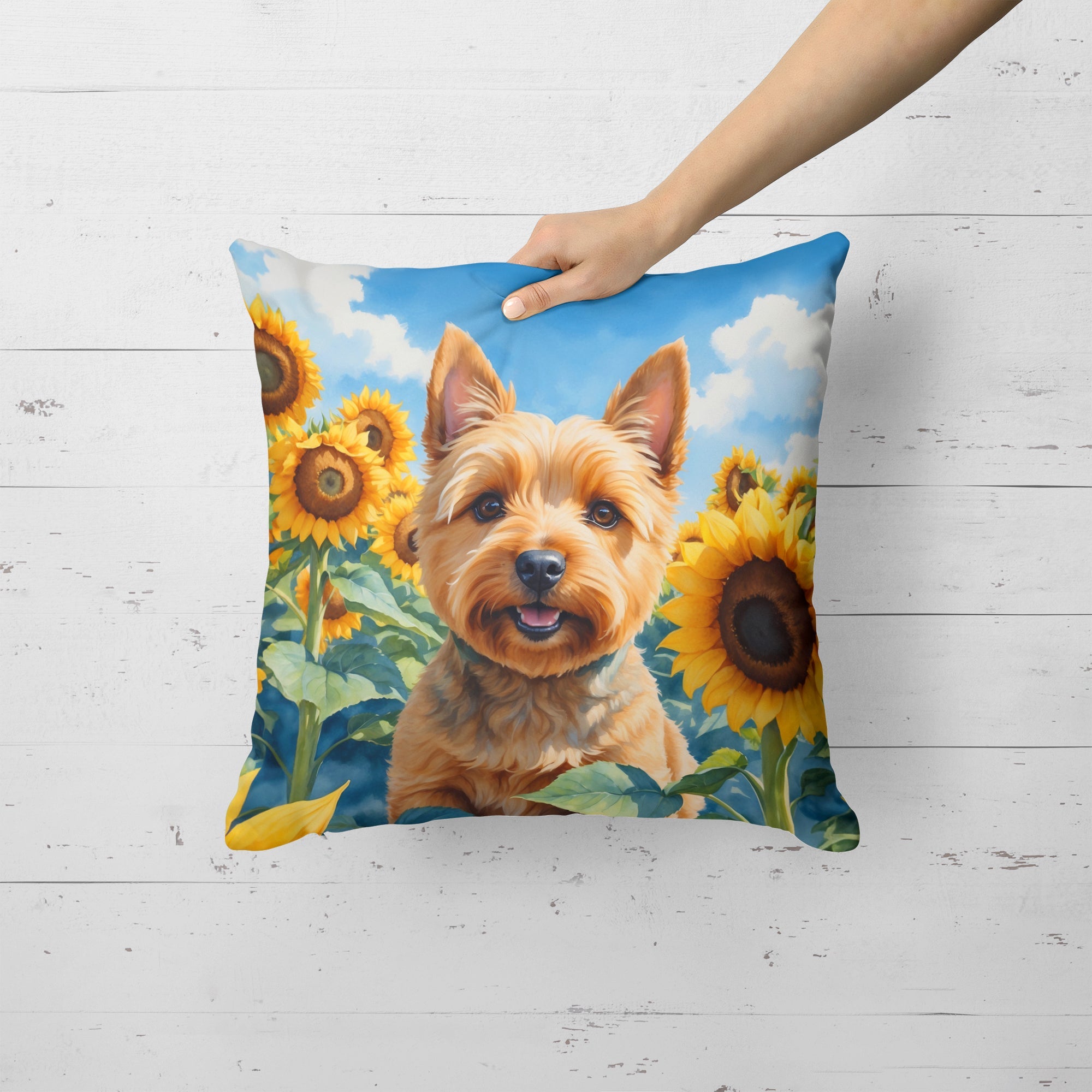 Norwich Terrier in Sunflowers Decorative Throw Pillow 18x18 Indoor Outdoor Accent Cushion, Fabric Cover with Insert for Sofa, Bed, Porch & Living Room