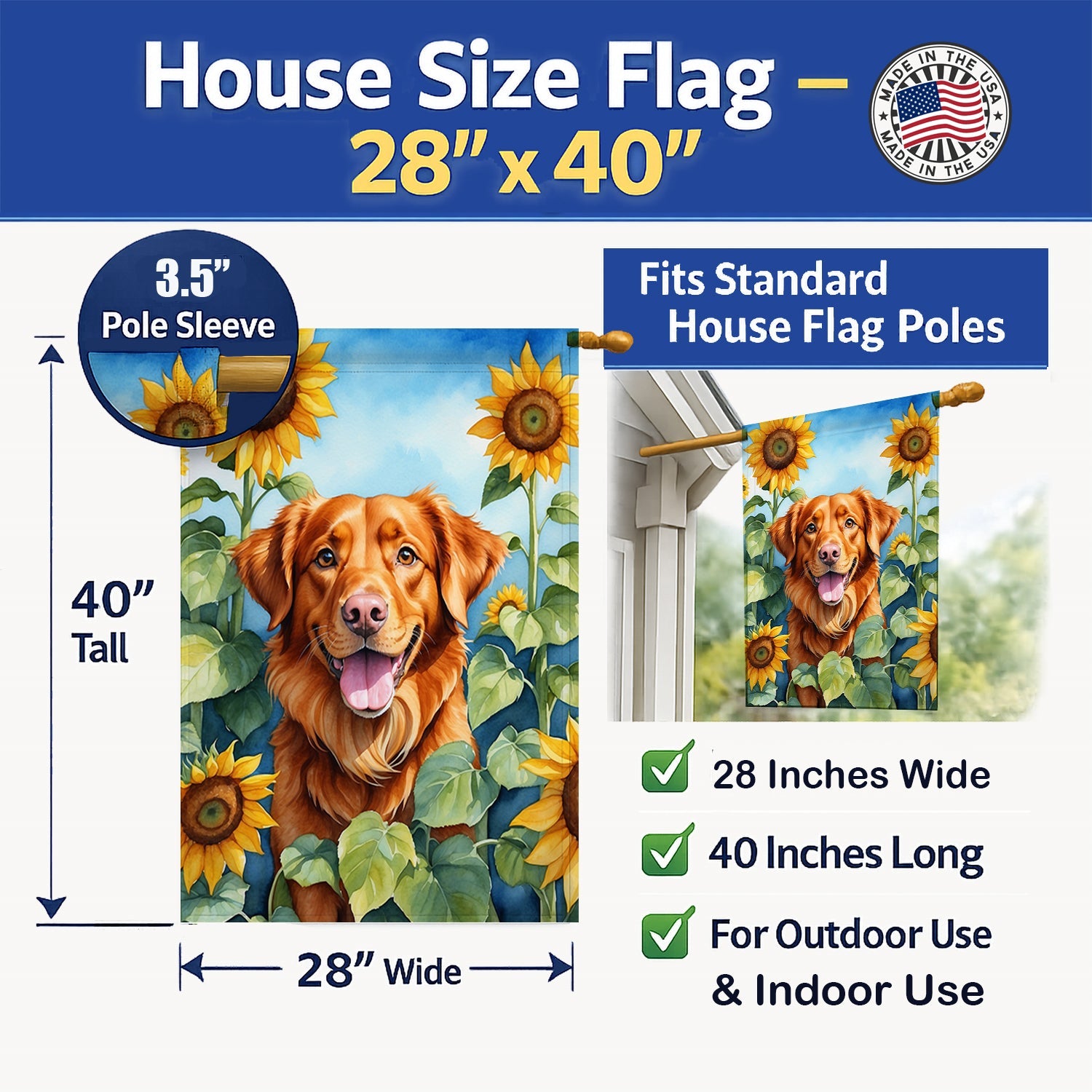 Nova Scotia Duck Toller in Sunflowers House Flag 28x40 Porch Sleeve Pole Decorative Outside Yard Banner Artwork Wall Hanging, Polyester