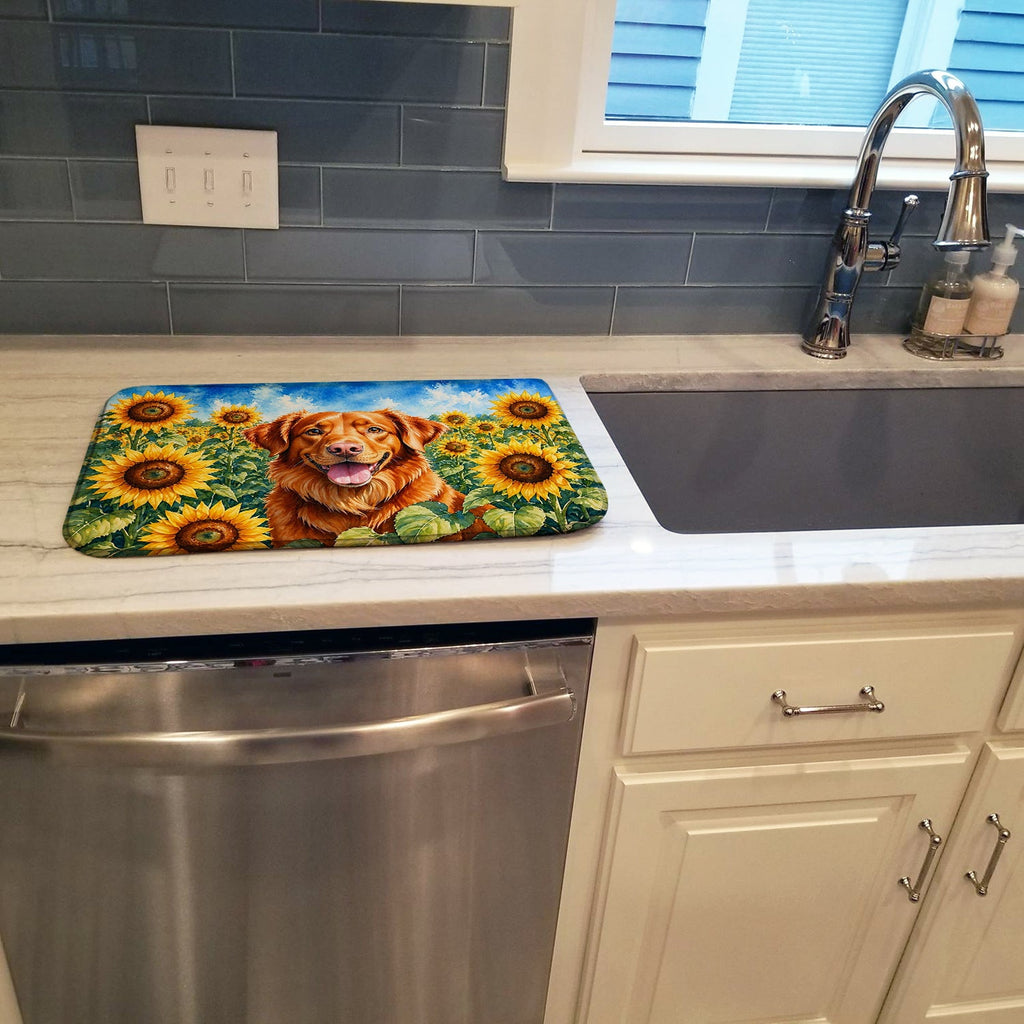 Nova Scotia Duck Toller in Sunflowers Dish Drying Mat Absorbent Dish Drying Mat Pad for Kitchen Counter Dish Drainer Mat for Countertop, 14 x 21", Multicolor