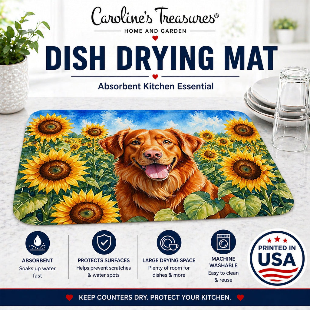 Nova Scotia Duck Toller in Sunflowers Dish Drying Mat Absorbent Dish Drying Mat Pad for Kitchen Counter Dish Drainer Mat for Countertop, 14 x 21", Multicolor