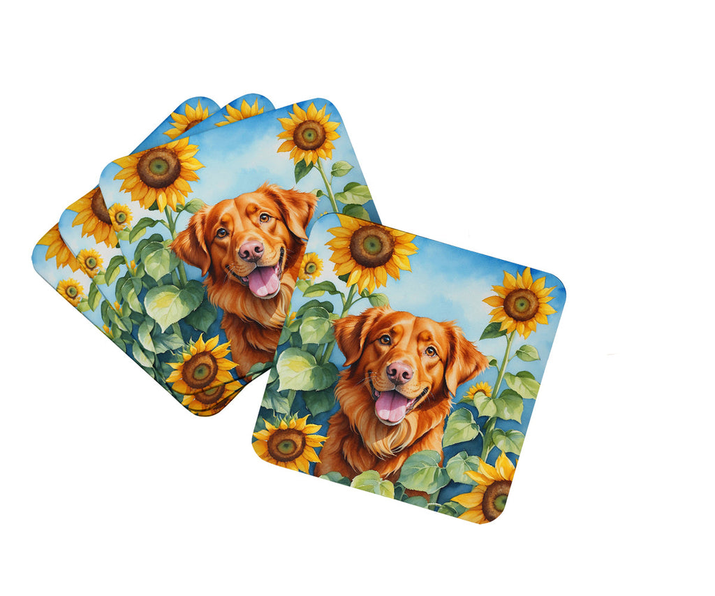 Nova Scotia Duck Toller in Sunflowers Foam Coasters Set of 4 Cup Coasters for Indoor Outdoor, Tabletop Protection, Anti Slip, Mouse pad Material