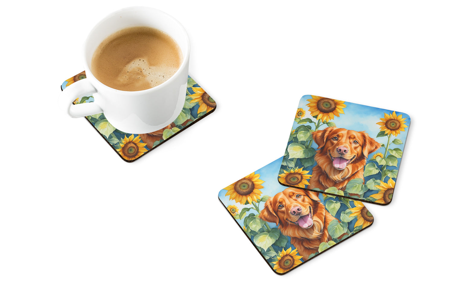 Nova Scotia Duck Toller in Sunflowers Foam Coasters Set of 4 Cup Coasters for Indoor Outdoor, Tabletop Protection, Anti Slip, Mouse pad Material