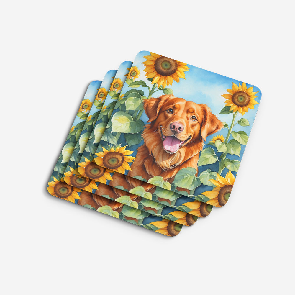 Nova Scotia Duck Toller in Sunflowers Foam Coasters Set of 4 Cup Coasters for Indoor Outdoor, Tabletop Protection, Anti Slip, Mouse pad Material