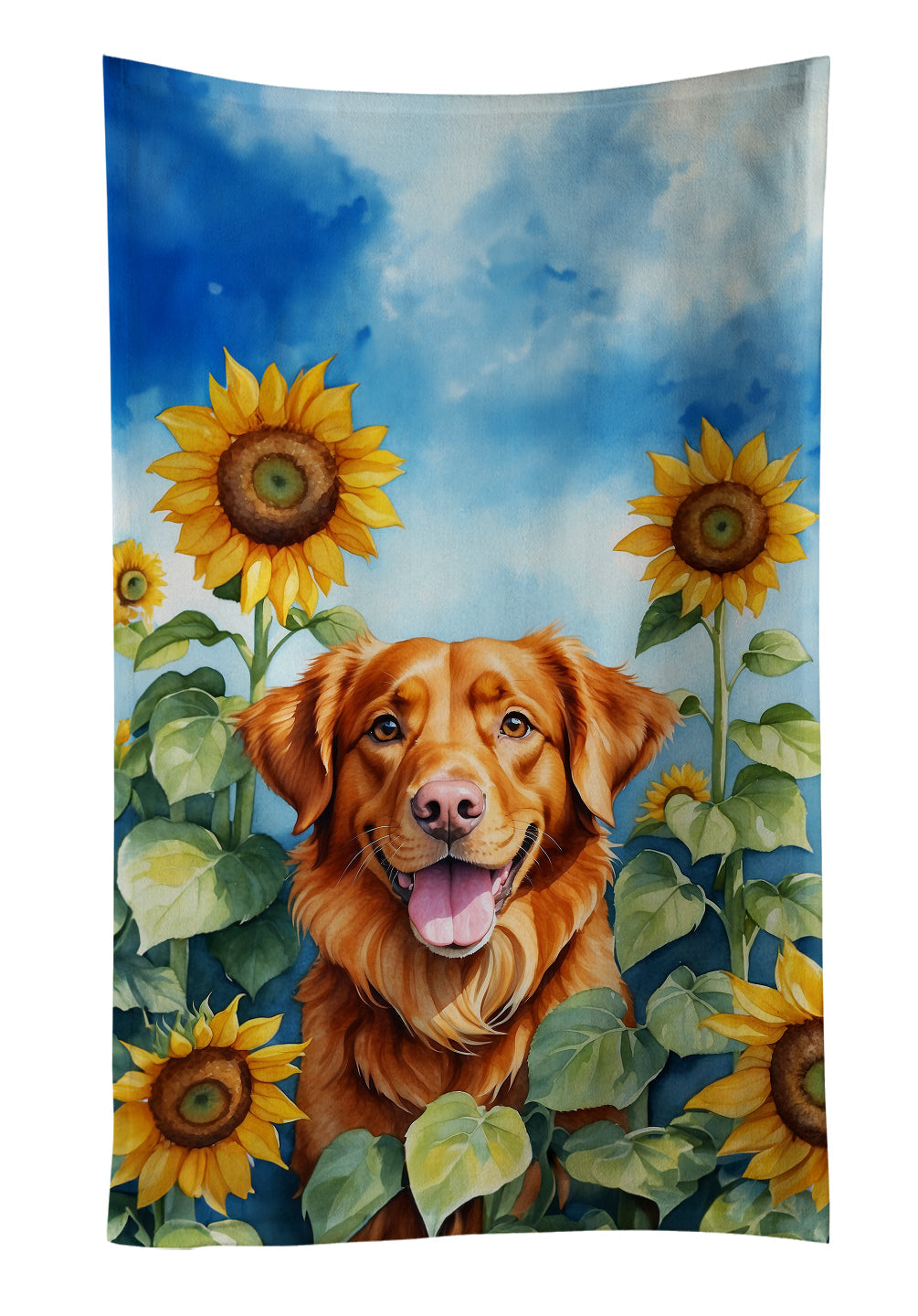 Nova Scotia Duck Toller in Sunflowers Kitchen Towel Velour Plush Front and Cotton Loop Back Machine Washable