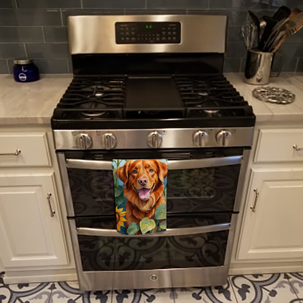Nova Scotia Duck Toller in Sunflowers Kitchen Towel Velour Plush Front and Cotton Loop Back Machine Washable