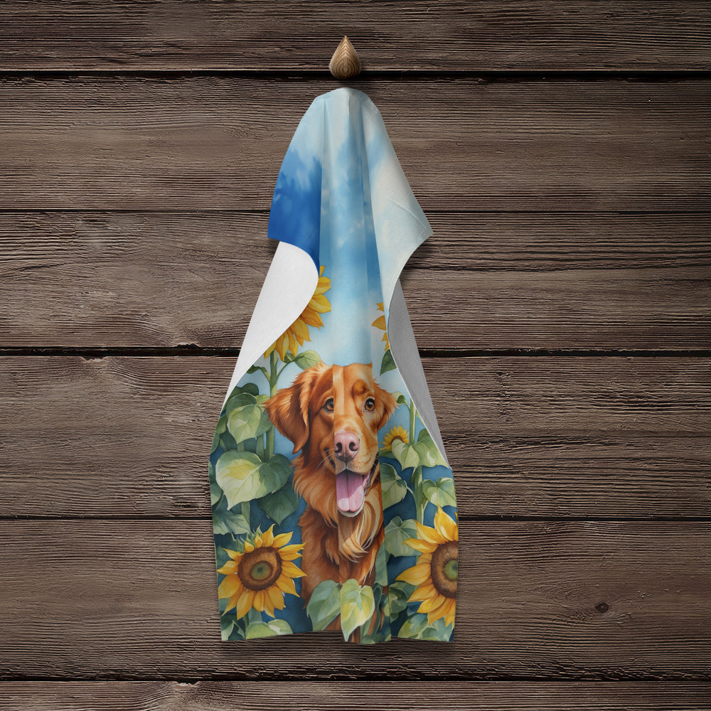 Nova Scotia Duck Toller in Sunflowers Kitchen Towel Velour Plush Front and Cotton Loop Back Machine Washable