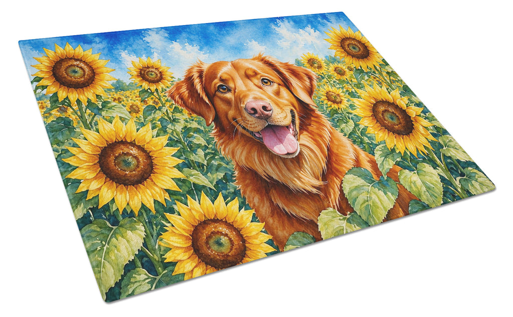 Nova Scotia Duck Toller in Sunflowers Cutting Board Tempered Glass Kitchen Cutting Surface, Heat Resistant Chopping Board with Non-Slip Feet, Decorative Food Prep & Serving