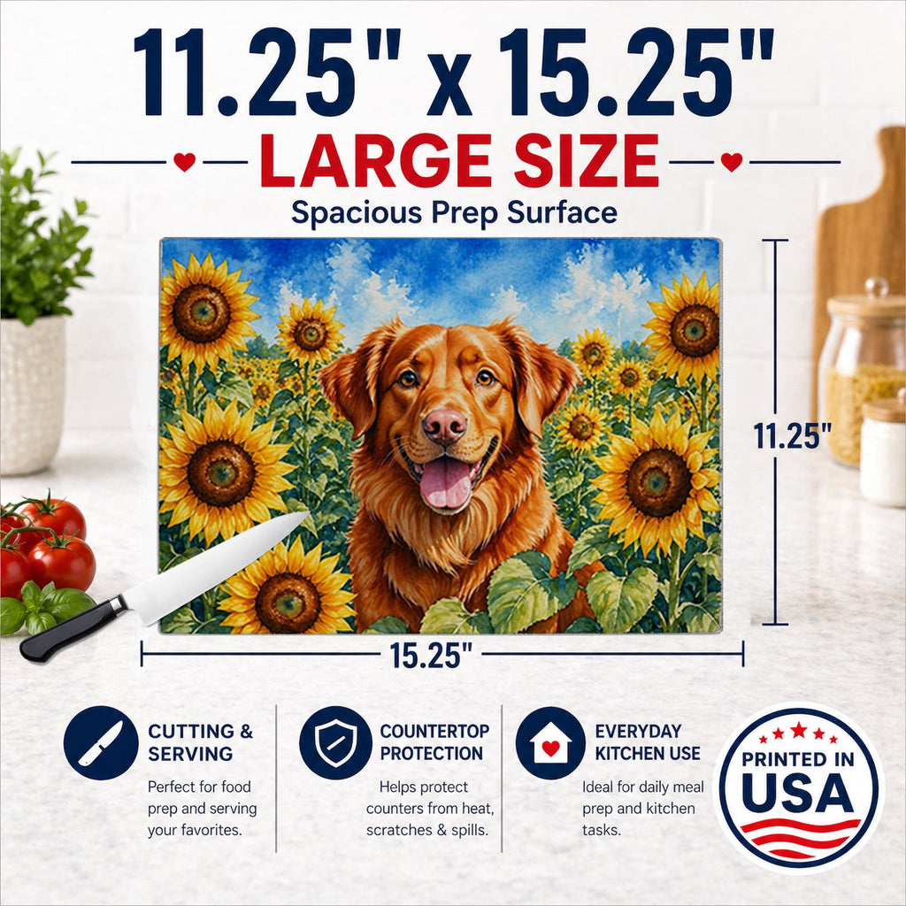 Nova Scotia Duck Toller in Sunflowers Cutting Board Tempered Glass Kitchen Cutting Surface, Heat Resistant Chopping Board with Non-Slip Feet, Decorative Food Prep & Serving